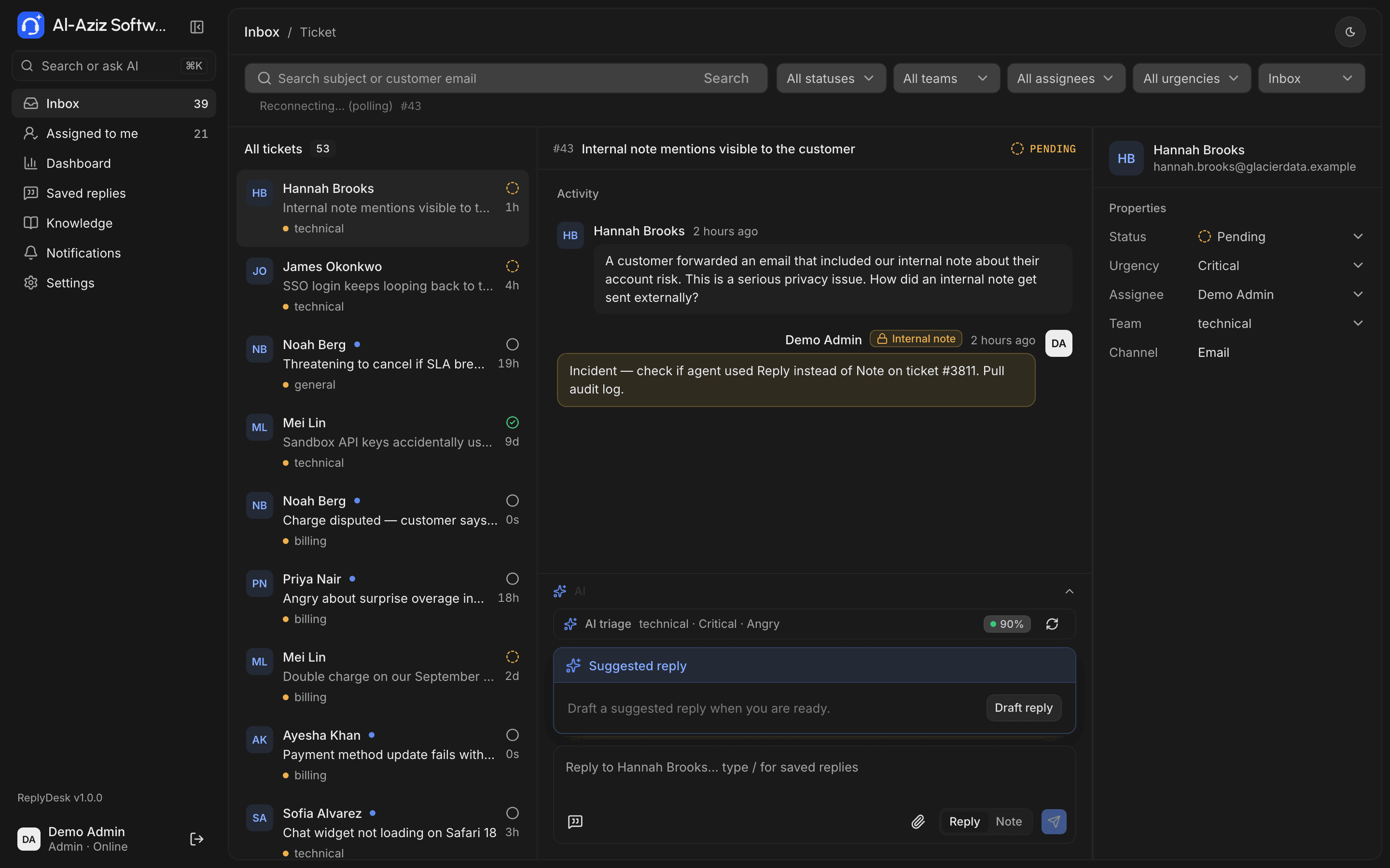 Open ticket with AI triage and suggested reply in dark mode